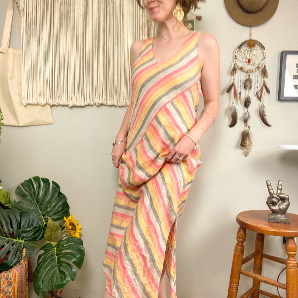 J Jill Lotus Love Linen Striped Sleeveless Maxi Dress Small